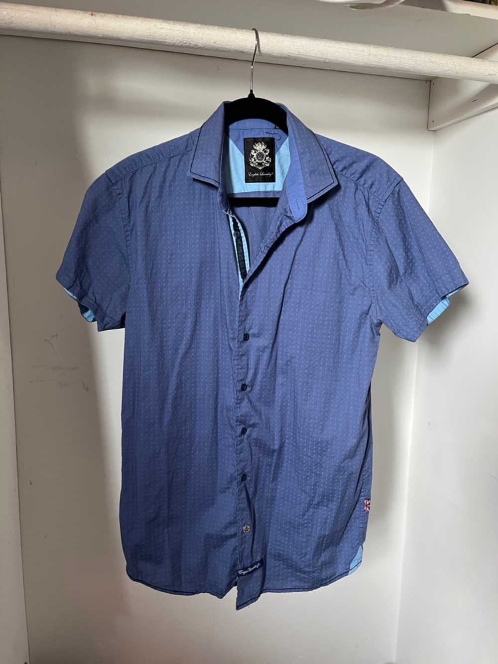 Blue Short-Sleeve Men's Button-Up Shirt